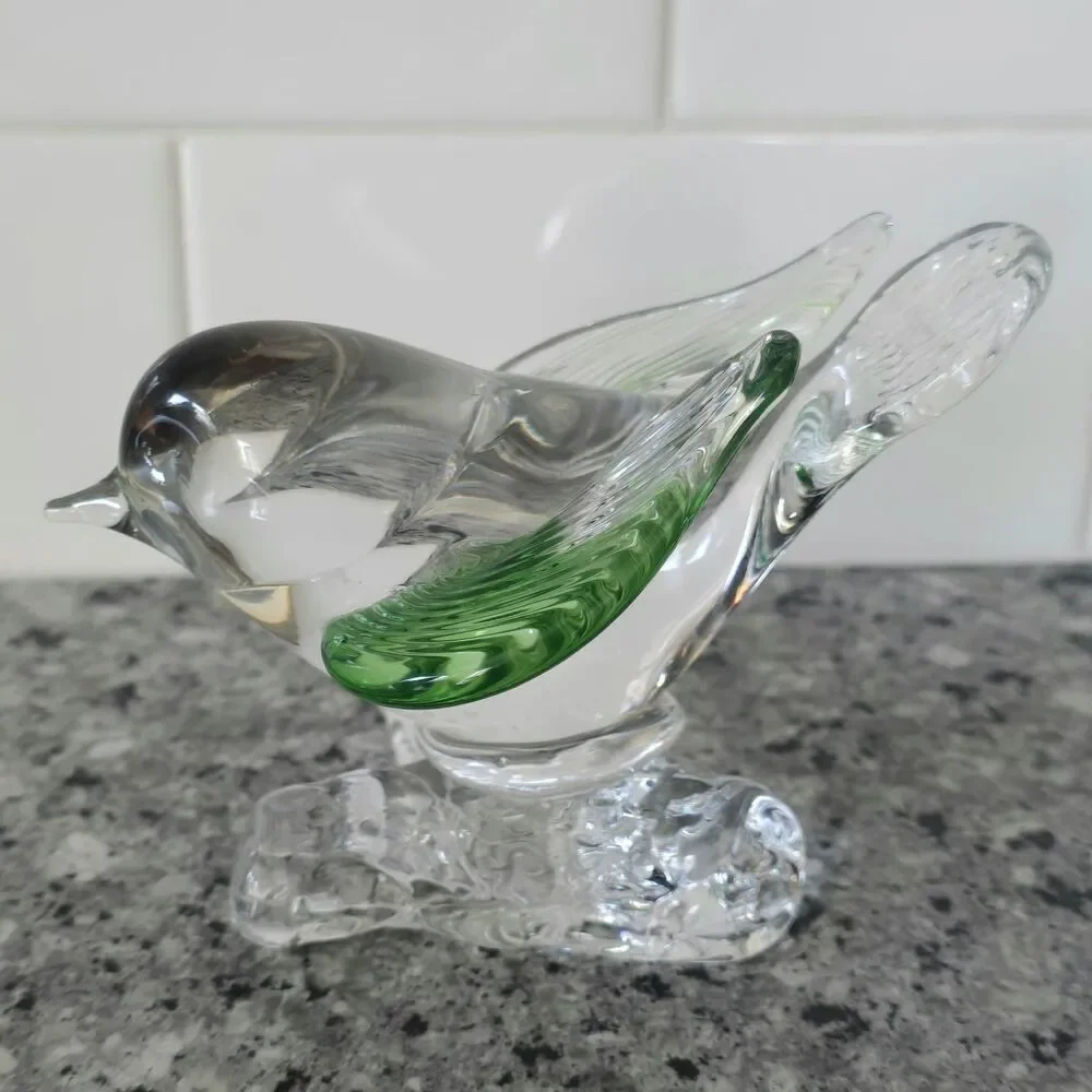 Arte Murano ICET Hand Blown Clear With Green Bird On Branch Figurine‎ Venezuela